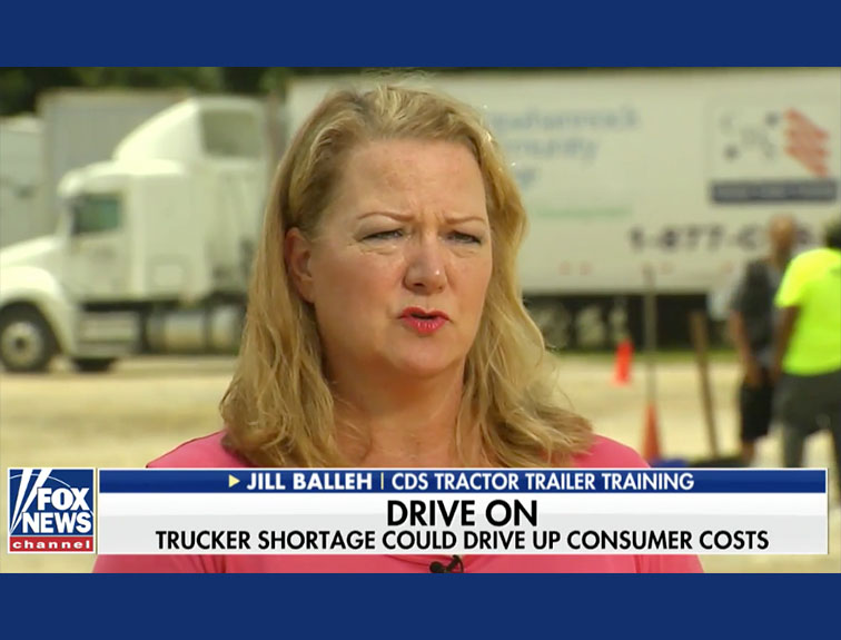 Image of Jill Balleh being interviewed by Fox News. A banner at the bottom with text that reads "Drive on Trucker shortage should drive up consumer costs"