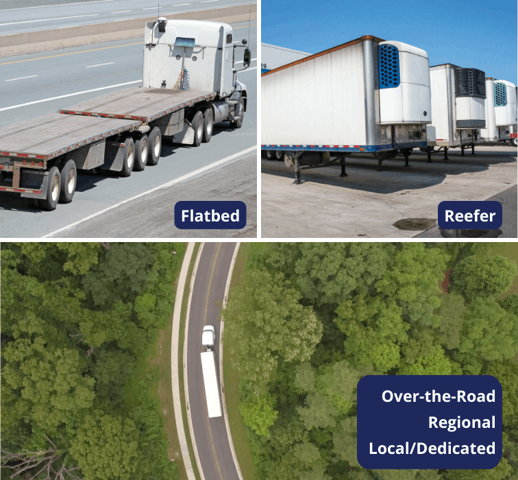 Photo comparison of a flatbed truck, reefer truck, and semi truck
