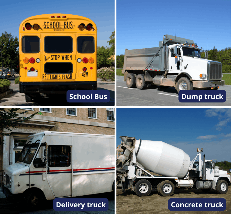 Photo grid of a school bus, dump truck, delivery truck, concrete truck