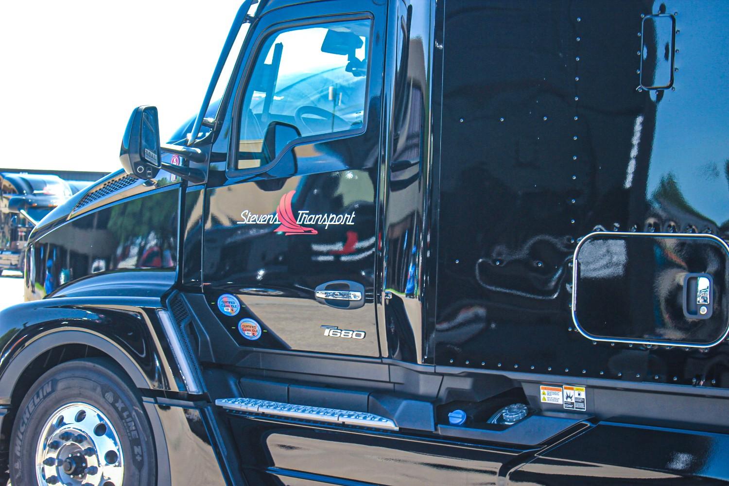 Closeup of Stevens Transport semi truck cab door