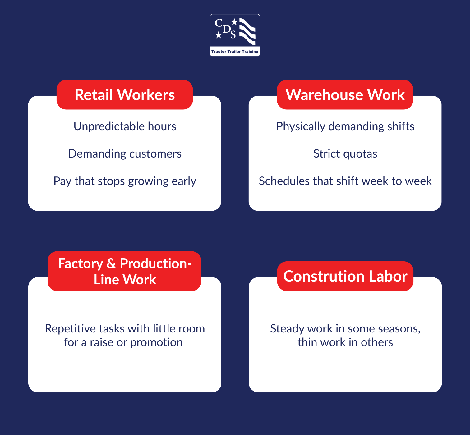 Graphic highlighting challenges in retail and food service, warehouse, factory, and construction jobs, including unpredictable schedules, physical demands, repetitive work, limited wage growth, and seasonal employment.