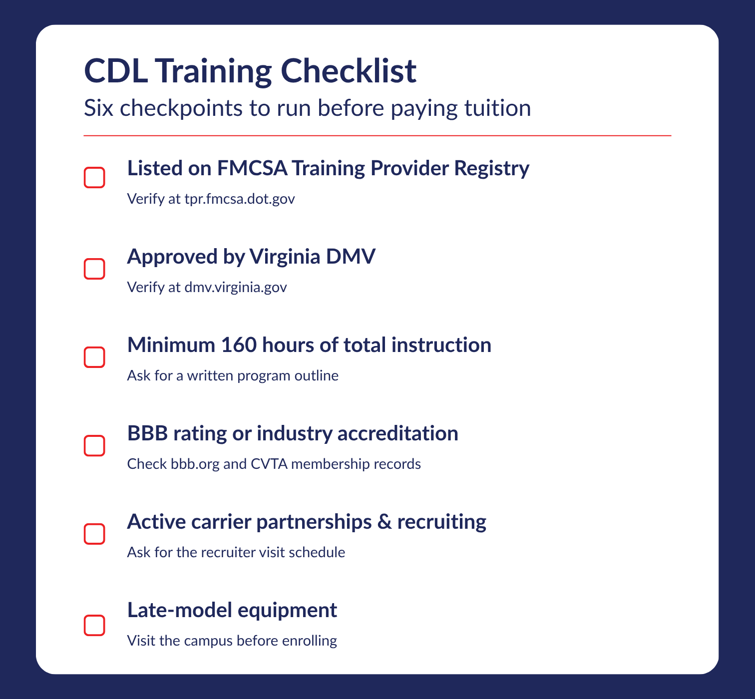 CDL Training Checklist: six checkpoints to verify before paying tuition, including FMCSA registry listing, Virginia DMV approval, at least 160 hours of instruction, BBB rating or accreditation, active carrier partnerships, and late-model equipment.